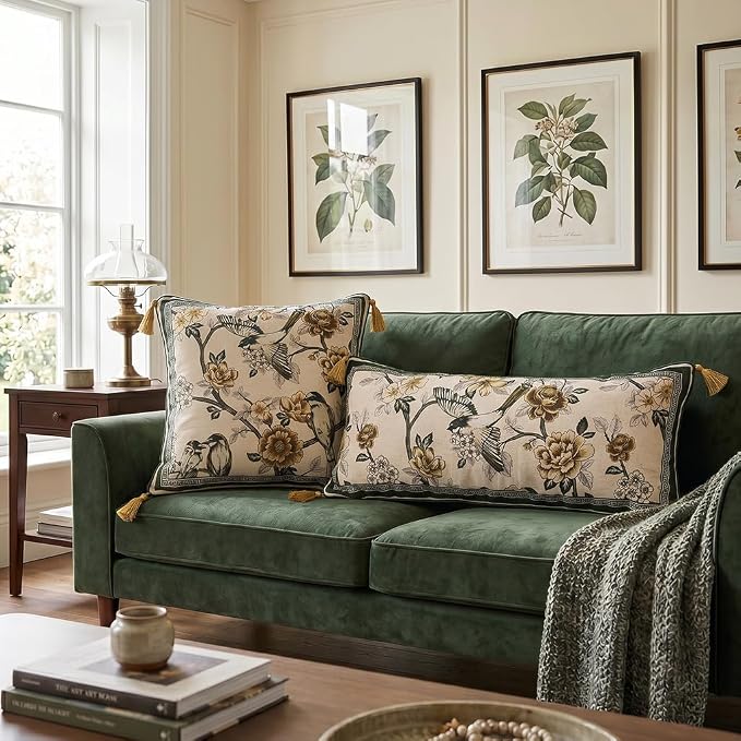 ISAENNE Vintage Linen Rectangle Throw Pillow Cover,Set of 2,28"x12"-Murad A | Designer French Decor Pillow Cover,Concealed Zipper Design,Floral and Bird Pattern,Sofa,Bedroom,Living Room,Lounge Chairs