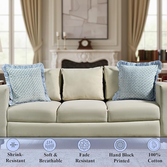 Ridhi Block Print Hand Fan Harmony Throw Pillow Cover 24" x 24" (Pack of 2) Decorative Cushion Covers with Ruffle for Couch, Sofa, Bed, Living Room, Home Decor Gift for Spring, Easter, Valentine