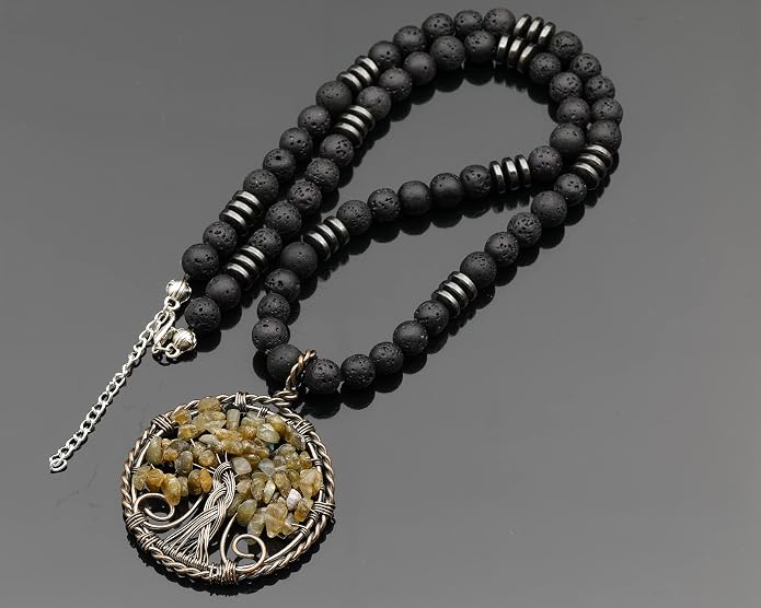 ElisaJewelryArt - Natural Labradorite Big Tree Of Life Black Lava Stone Beaded Necklace Genuine Gemstone Energy Stone Clasp Closure Necklace Unisex Necklace