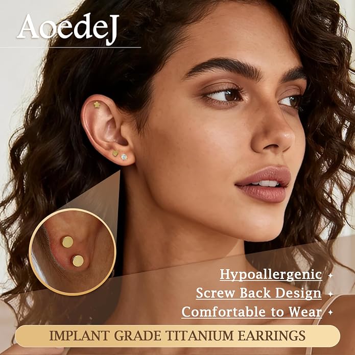 Aoedej 6Pairs G23 Titanium Flat Back Stud Earrings Hypoallergenic CZ Heart Stars Ball Cartilage Earring Studs for Women Men Helix Tragus Conch Helix Piercing Jewelry Gift