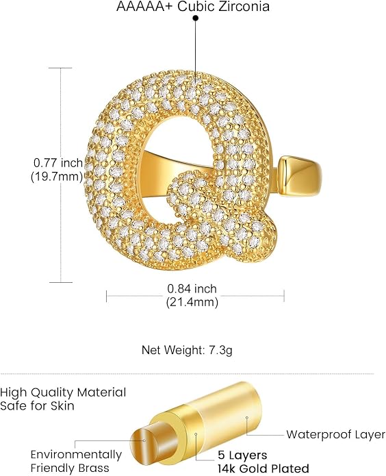 KeyStyle Bold Initial Letter Rings Adjustable, GoldChic Jewelry Women Gold Statement Ring Personalized Engraved Women’s Open Signet Ring for Party (Gold, White Gold, Black)