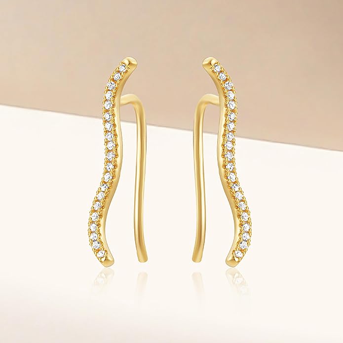 925 Sterling Silver Ocean Wave Crystals Ear Cuffs Climber Cartilage Earrings for Women, Dainty White CZ Trendy Earring Jewelry Hypoallergenic Fashion Earring Jewelry Gift for Birthday Wedding