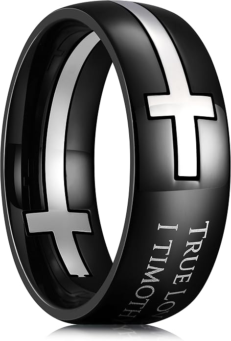 King Will Stainless Steel Men Ring Lord's Prayer Cross Ring Stainless Steel Men Wedding Ring, Wedding Band Bible Engraved Rings High Polished, Comfort Fit