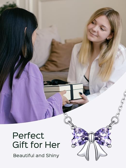 ChicSilver Bow and Cat Birthstone Necklace, 925 Sterling Silver Pendant Necklaces for Women, Hypoallergenic Silver Choker with 16 inch Rolo Chain, 12 Months Jewelry for Valentines Mothers Day Christmas