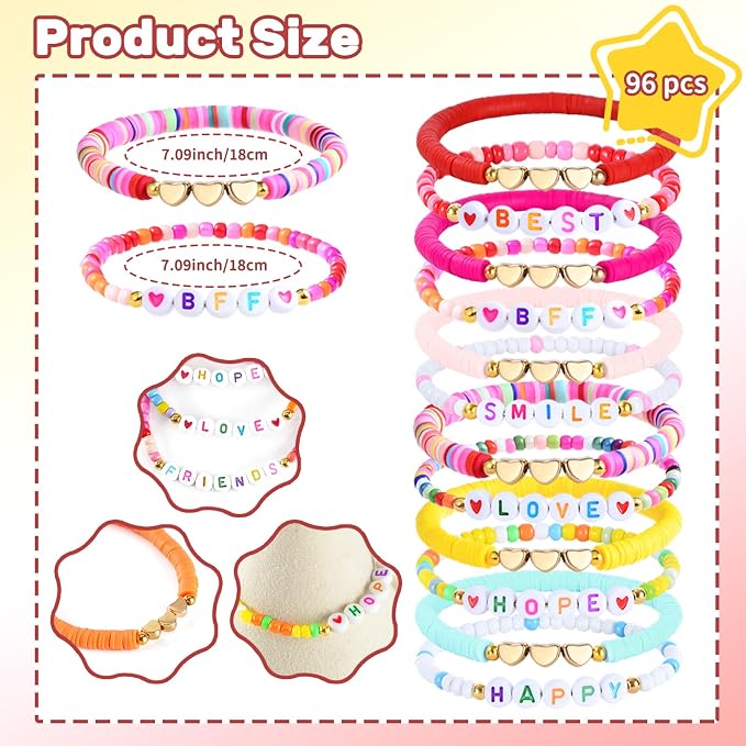 96PCS Friendship Bracelets Bulk for Women, Stackable Colorful Clay Beaded Bracelet with Heart Charms, Preppy Y2K Galentines Day Bracelets Surfer Heishi Bracelet Rainbow Matching Gifts & Party Favors