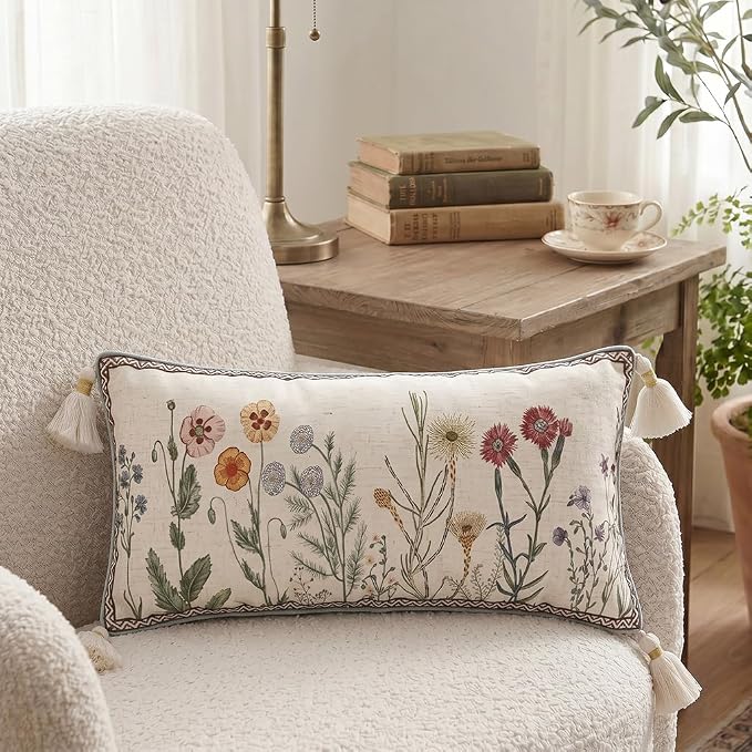 ISAENNE Designer Vintage Linen Throw Pillow Cover,28"x12"-Serenity D | French Elegant Rectangle Decor Pillow Cover,Concealed Zipper Design,Light Beige,Sofa,Bedroom,Living Room,Chairs
