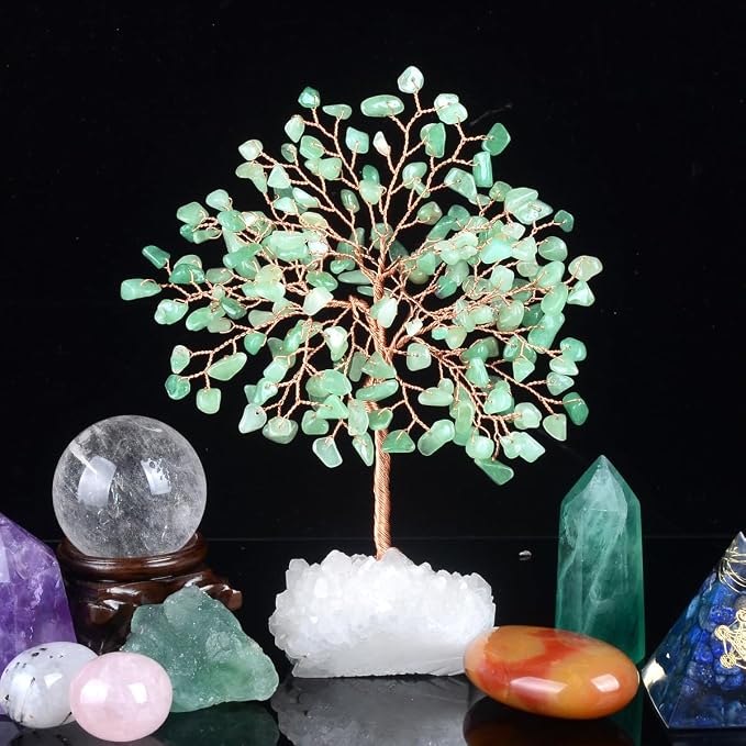 Crystal Tree of Life,Aventurine Jade Clear Quartz Cluster Base,Bonsai Feng Shui Decor Money Tree,Healing Crystals Positive Enegy,Gift Size 5.5"-6.3"