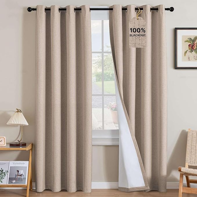 H.VERSAILTEX Linen Curtains 100% Blackout Curtains for Bedroom 102 inch Long Full Light Blocking Nature Linen Blended Window Curtains for Living Room Nickel Grommet (2 Panels, Heathered Sand)