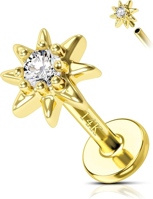 COCHARM 14K Real Gold Helix Cartilage Conch Earring Stud 16g Flat Back Sun Helix Cartilage Conch Tragus Piercing 16g Yellow Gold Internally Threaded Star Tragus Stud Jewelry