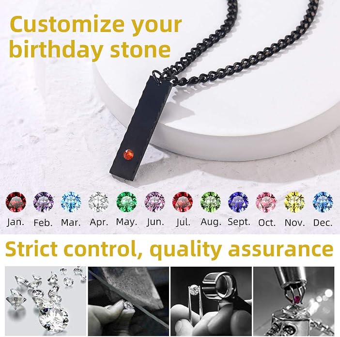 GOLDCHIC JEWELRY Personalized Birthstone Name Necklaces for Men Women, Engraved Family Names Necklace with Birthstone Vertical Bar Necklace, Pendant for Husband/Father/Grandma/Wife Birthday Gifts