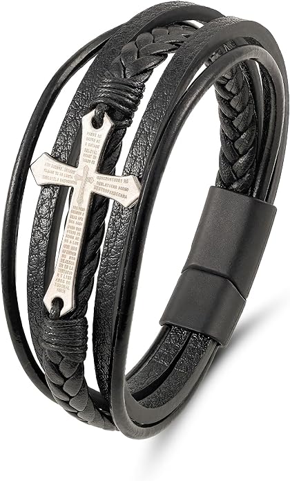 Mens Leather Cross Bracelet Multilayer Braided Wristband Bangle Bracelets with Stainless Steel Buckle Religious Gift for Men Brown/Black/Blue–8.3 inch