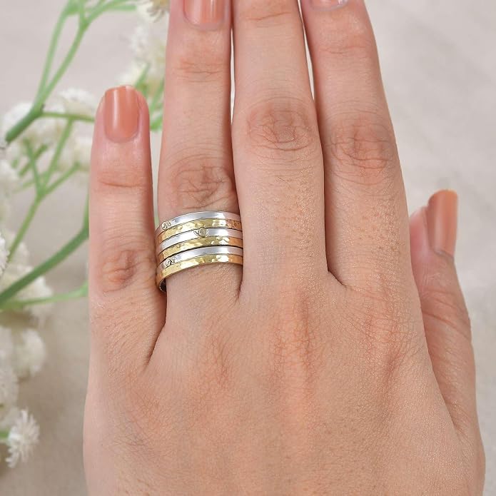 PHNX Two-Tone Stacking Ring for Women | Real Sterling Silver Ring| Hammered Finish Design | Elegant Boho Chic Jewelry | Perfect for Daily Wear, Special Occasions