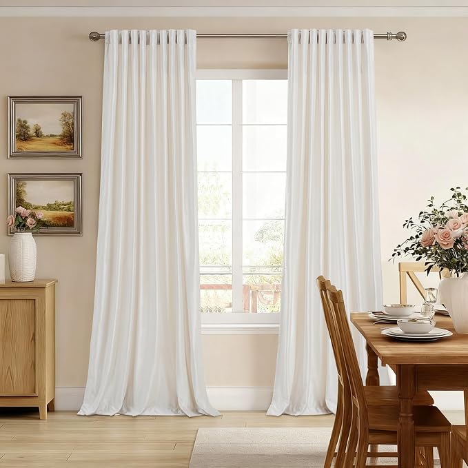 Off White Curtains 102 inch Long for Living Room, Set of 2 Panels Liner Rod Pocket Back Tab Thermal Window Drapes Room Darkening Heavy Decorative Curtains for Bedroom