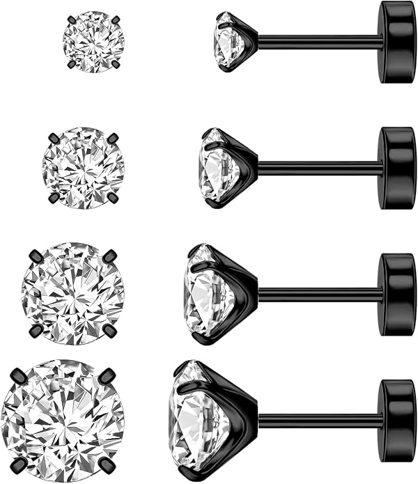 XUU Flat Back Stud Earrings, Implant Grade Titanium Earrings Set for Women, Hypoallergenic 20G Screw Back Earrings for Sensitive Ears, 3–6mm CZ Crystal, Gold Silver Black