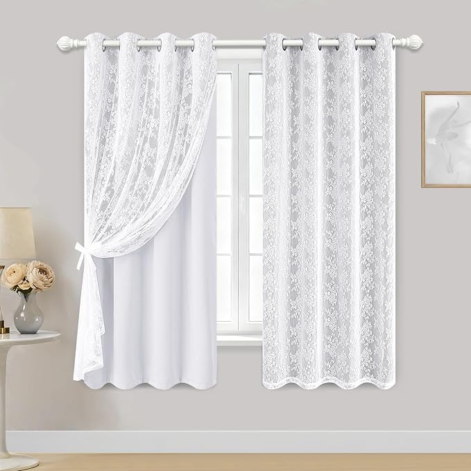 Yinhua Blackout Curtains for Bedroom Double Layer Grey Curtains for Living Room 63 Inch Length 2 Panels Set Kid Curtain with Floral Sheer Overlay, Grommet Drapes with Tiebacks, 52" W x 63" L