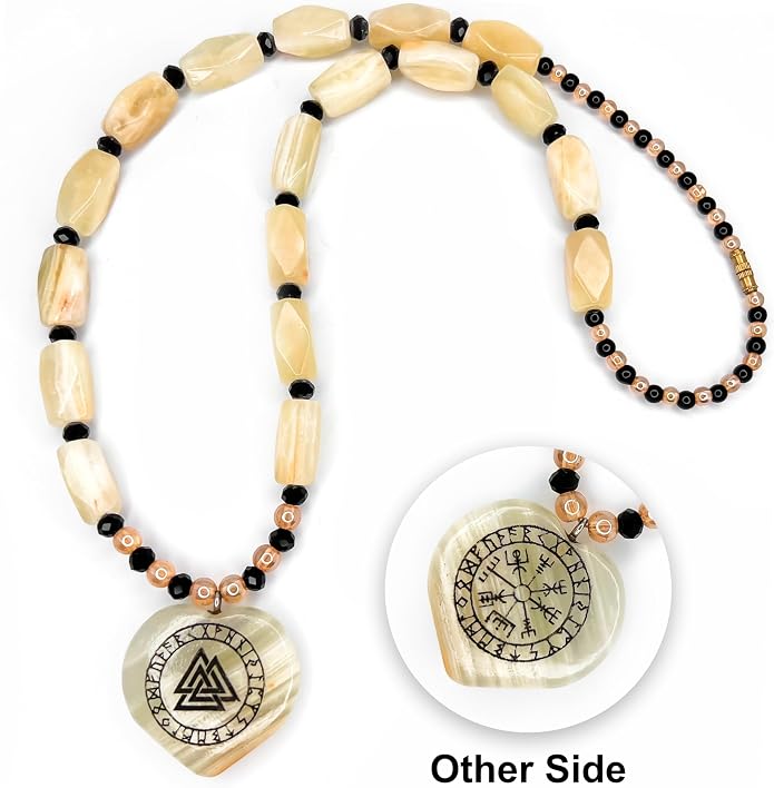 IA Handicraft Viking Necklace for Men & women pure onyx green stone Viking pendant Norse Viking Jewelry Gifts for him and her, viking compass Wooden box included
