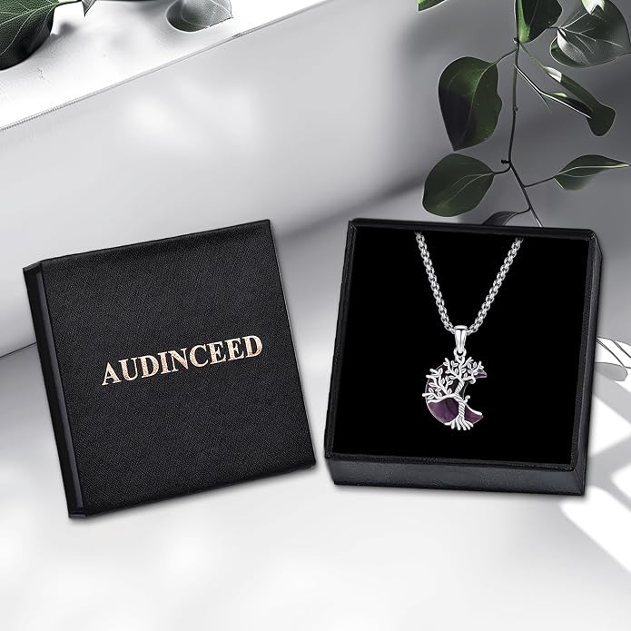 925 Sterling Silver Tree of Life Necklace, Crescent Moon Pendant with Amethyst, Moon Crystal Healing Jewelry Gift for Women
