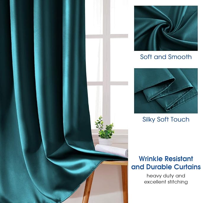 HOMEIDEAS 2 Panels Teal Faux Silk Blackout Luxury Curtains, 52 X 84 Inch Room Darkening Satin Thermal Insulated Window Drapes for Bedroom Decor, Indoor