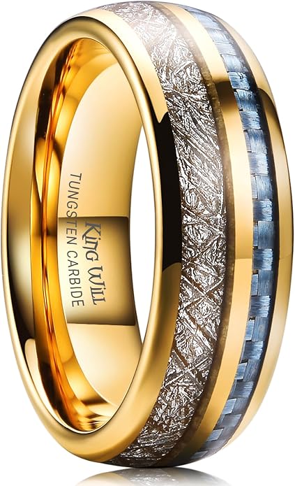 King Will Tungsten Rings for Men Meteorite Carbon Fiber Wood Inlay Mens Wedding Engagement Band Domed Polished