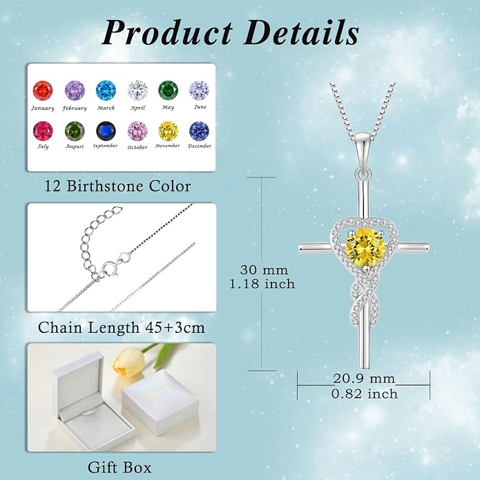 Cross Necklace for Women 925 Sterling Silver Infinity Birthstone Pendant Necklace Religious Christian Jewelry Gifts Wife Mom Her
