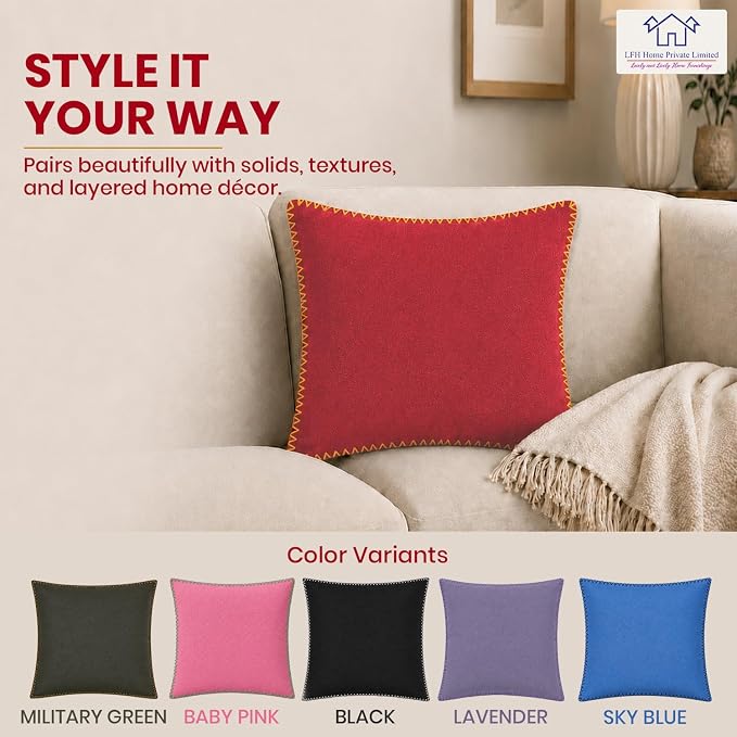 LFH Home Red Cotton Rich Throw Pillow Covers 18x18 Set of 2, Decorative Cushion Covers with Blanket Stitch Edge, Farmhouse Accent Pillow Cases for Sofa Couch Bed Living Room, 18 x 18 Inch