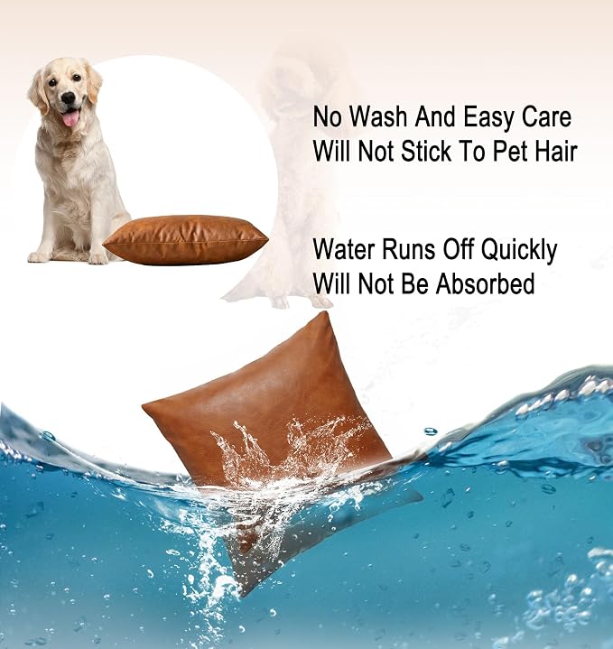 26x26 inch Faux Leather Throw Pillow Covers, Set of 2 Brown Large Thick Solid Farmhouse Modern Decorative Pillow Cases for Outdoor Livingroom Couch Bed Sofa Bedroom Cushion Covers Cognac