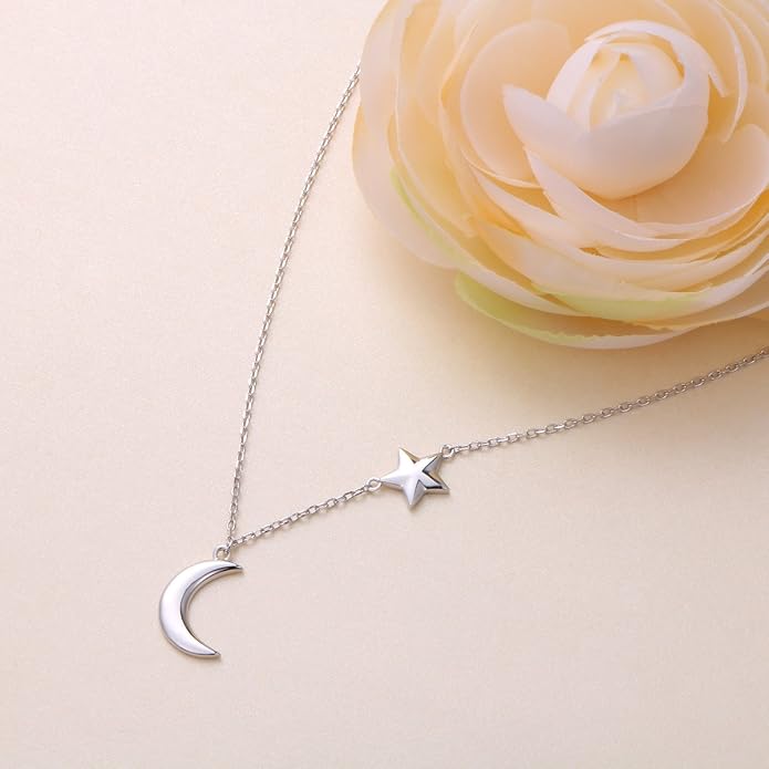 Ladytree 925 Sterling Silver Jewelry Crescent Moon and Star Pendant Necklace