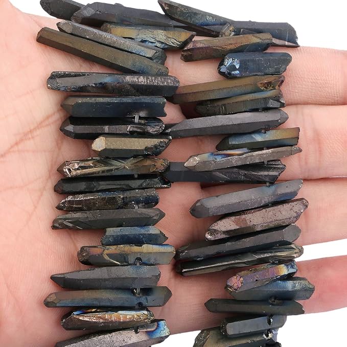 TUMBEELLUWA Rock Quartz Crystal Points Loose Beads for Jewelry Making, Titanium Coated Raw Quartz Beads 15 Inches Top Drilled, Black Crystal Points(0.45"-1.35")