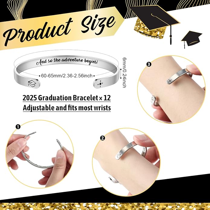 Henoyso 12 Pcs 2026 Graduation Motivational Bracelet Stainless Steel Engraved Bracelets Open Inspirational Bracelet for Class of 2026 Graduation Gifts, 12 Styles