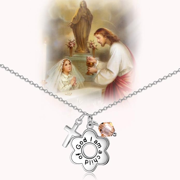 AOBOCO 925 Sterling Silver I Am a Child of God Daisy Necklace Jewelry Birthday Birthday Baptism Communion Gifts for Girls