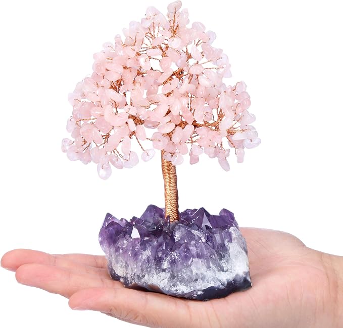 Jovivi Natural Rose Quartz Healing Crystal Money Tree on Amethyst Cluster Geode Druzy Base Feng Shui Crystals for Home Office Desk Decorations, Wealth, Good Luck