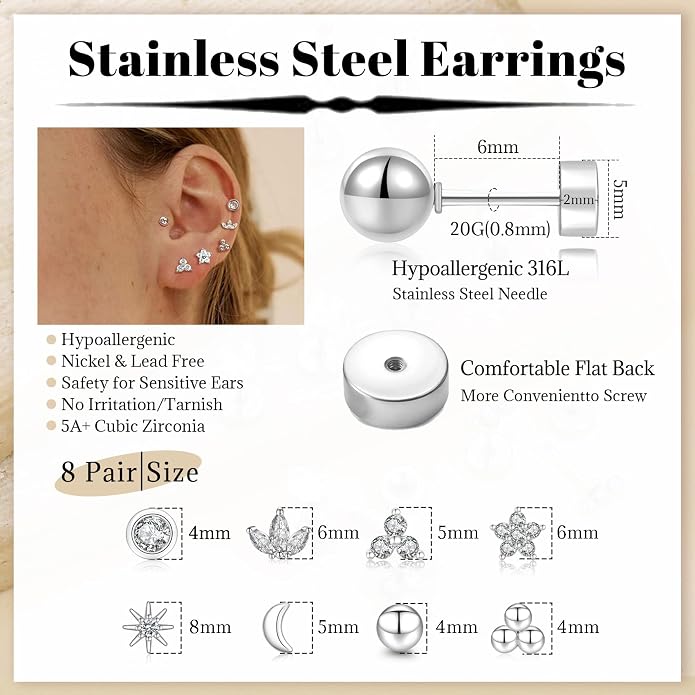 Senteria 6/8 Pairs Stainless Steel Stud Earrings for Women Hypoallergenic Flat Back Stud Earrings Tiny Stainless Steel Earring Small Cartilage Earring Set for Multiple Piercing
