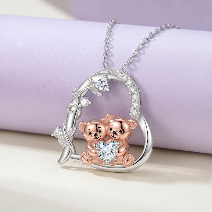 PELOVNY Teddy Bear Necklace for Women 925 Sterling Silver Bear/Highland Cow/Fox/Cat/Axolotl Birthstone Necklace Christmas Birthday Jewelry Gifts for Mom Daughter Wife Sister