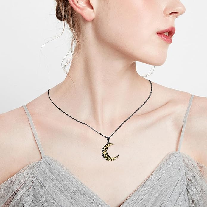VONALA Crescent Moon Necklace Sterling Silver Emerald/Red/Purple/Black/Rainbow Topaz/Green/Aquamarine/Blue/Moss Agate Celtic Moon Teardrop Necklace Celtic Jewelry Gifts for Women Birthday
