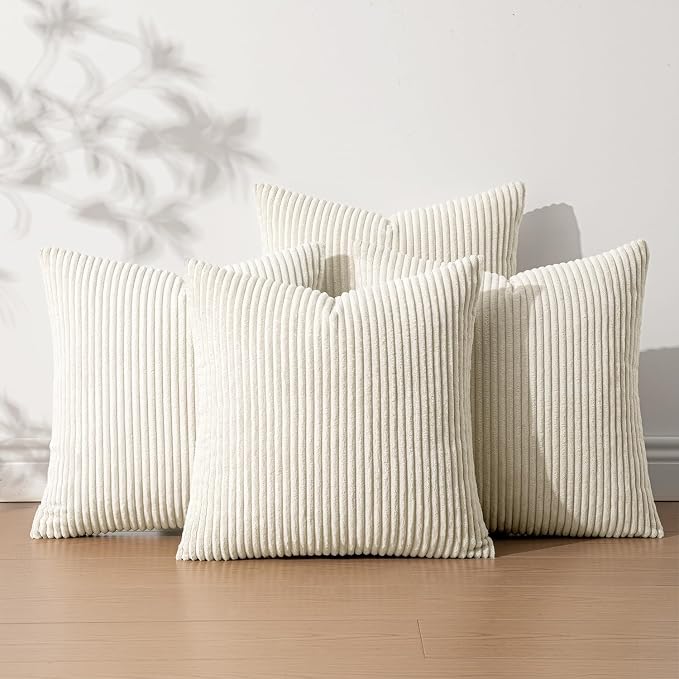 EMEMA Beige Decorative Throw Pillow Covers 16x16 Inch Set of 4 Boho Farmhouse Corduroy Striped Square Pillow Case,Western Modern Cushion Covers for Couch Bed Livingroom Home Decor
