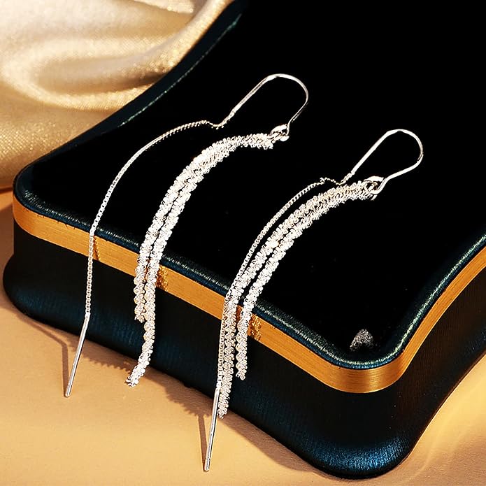 925 Sterling Silver Tassel Chain Dangle Earrings for Women Sparkling Long Fringe Dangle Drop Earrings Bling Line Minimalist Wedding Studs Earring Jewelry Birthday Christmas Gifts for Her