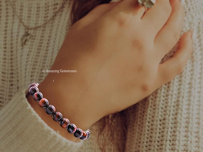 Amazing Gemstone Red Tiger Eye Bracelet, Gifts for Men & Women - Protection Healing Crystal Bracelet - 8mm Gemstone Beaded Adjustable Bracelet, Pulseras para Hombres Mujer Stocking Stuffers