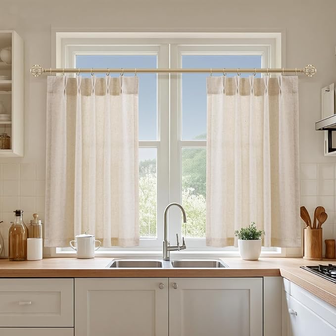 Aersas Short Natural Pinch Pleated Linen Kitchen Curtains 24 Inch Length 2 Panels Set Farmhouse Cafe Light Filtering Small Half Window Drapes for Bathroom Laundry Room RV 26x24