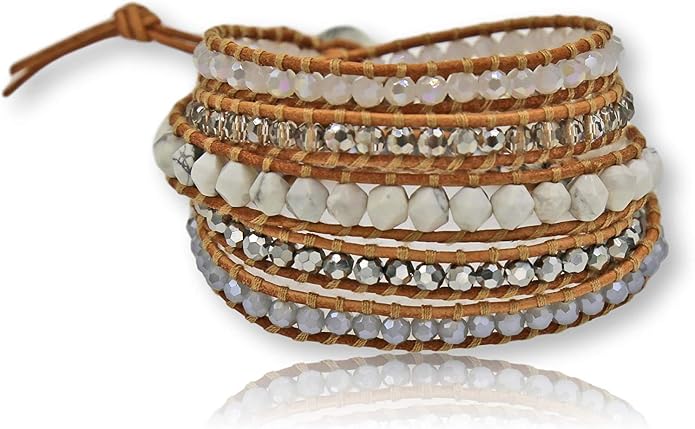 MGR MY GEMS ROCK! 35-Inch Long Multi-Layer Hand Crafted Gemstone and Crystal Multi-Stone Beaded on Genuine Leather Boho Style Stackable Super Wrap Bracelet, up to 5 Wraps.