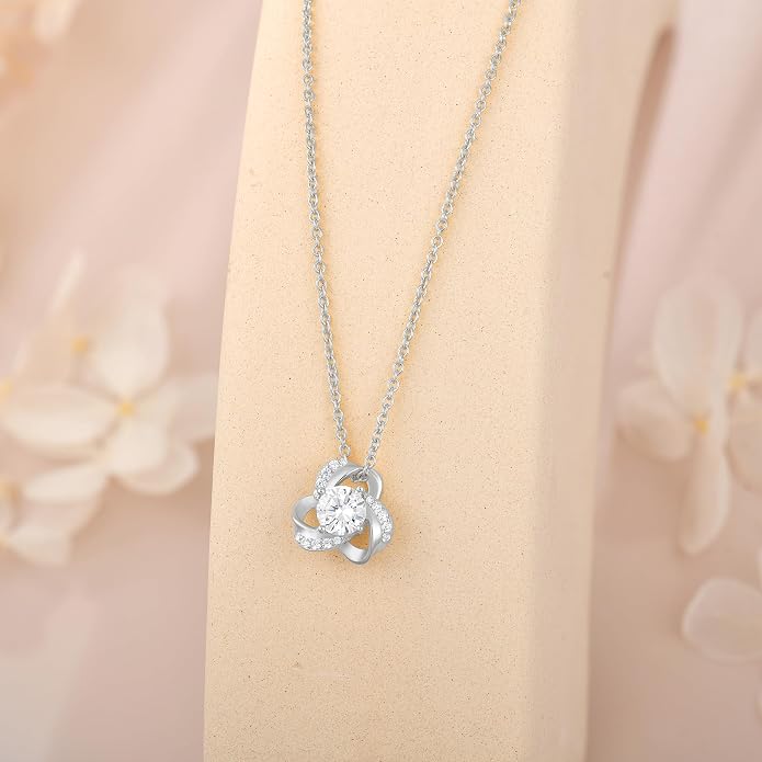18K Gold Plated Love Knot Necklace for Women, 925 Sterling Silver Round cut Birthstone Pendant Necklace With Chain Lucky Flower Jewelry Gift