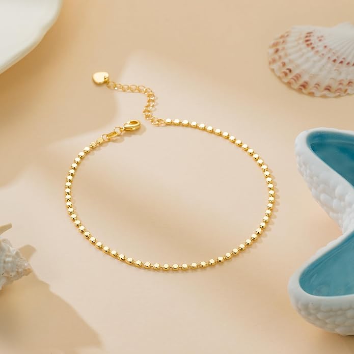 14K Gold Anklets for Women Gold Ankle Bracelets For Women Evenly Sized Smooth Beads Womens Beaded Anklets Trendy Beach Jewelry 11(9+2) Inches