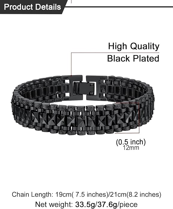U7 Link Bracelets for Men, Cuban Link/Rope/Watch Band Solid Bracelet, Silver Black Gold Color Wrist Bracelet 3/6/9/12/15mm Width, 6.5/7.5/8.3 Inch Length, Hand Chain Jewelry for Mens Women