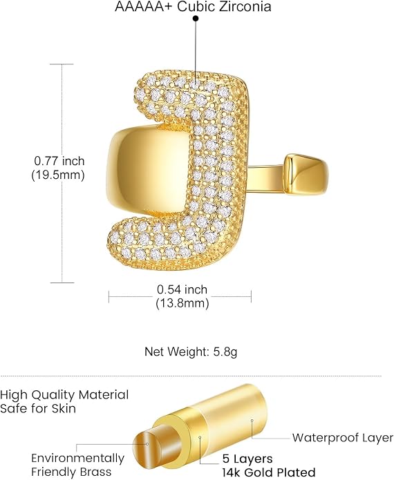 KeyStyle Bold Initial Letter Rings Adjustable, GoldChic Jewelry Women Gold Statement Ring Personalized Engraved Women’s Open Signet Ring for Party (Gold, White Gold, Black)