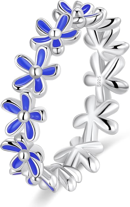S925 Sterling Silver Dainty Daisy Flower Rings for Women, I Think Of You Every Daisy, 12 Month Birth Flower Ring
