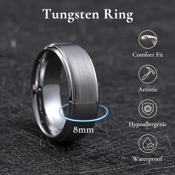 King Will Classic Tungsten Wedding Band for Men, 6/7/8/9/10mm Widths, Polished Finish Step Edge Matte Rings Comfort Fit