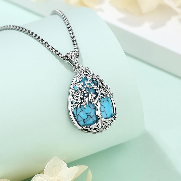 EUDORA Tree of Life Necklace with Moonstone Amethyst Obsidian Turquoise Healing Crystal for Women, Silver Plated Copper Mother Tree of Life Pendant Amulet Energy Jewelry, Gift for Women Mom, 20"+2"