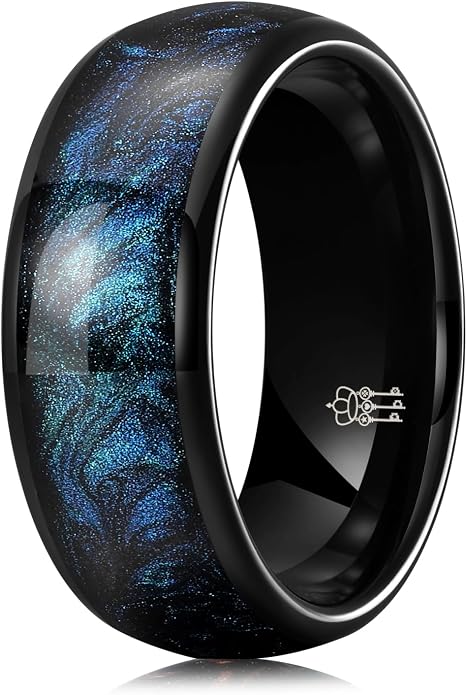 THREE KEYS JEWELRY 4mm 8mm Black Tungsten Wedding Band for Men Women, Blue Green Sandstone & Purple Galaxy Inlay, Domed Polished Comfort Fit Anniversary Engagement Ring