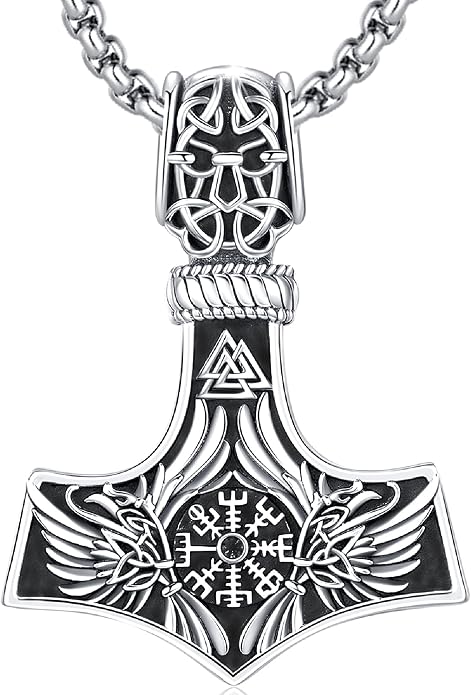 Thors Hammer Necklace - Viking Mjolnir Necklace Nordic Vegvisir Valknut Symbol Pendant 925 Sterling Silver Norwegian Amulet Jewelry Gift for Men Women