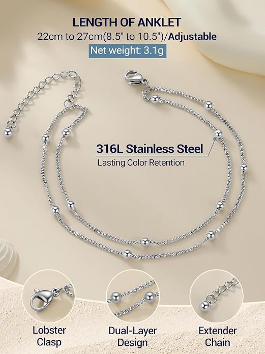 PROSTEEL Ankle Bracelets for Women Waterproof, Layered Stainless Steel Summer Beach anklets, Silver/Gold 8-10.5 Inch Adjustable, Come with Box