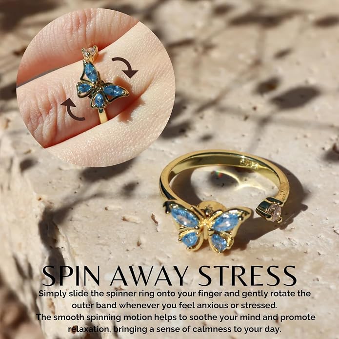 Halukakah 18K Gold/Platinum Plated Anxiety Spinning Ring: Stylish Diamond Heart Stress Relief Jewelry with Beads Spinner,Himalaya Salt Added,Size Adjustable,Gift for Women,Teens,Girls,Daughter,and Mom